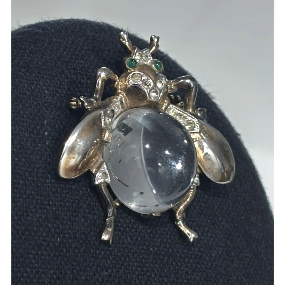 Vintage Trifari Jelly Belly Brooch Sterling Silver Fly Bee Bug Insect Green Eyes